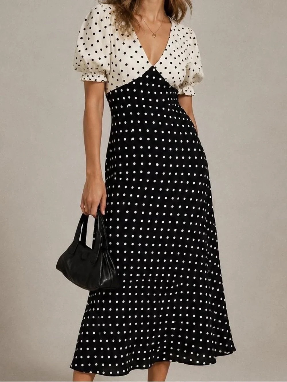 a new day Black & White Polka Dot V-Neck Midi Dress